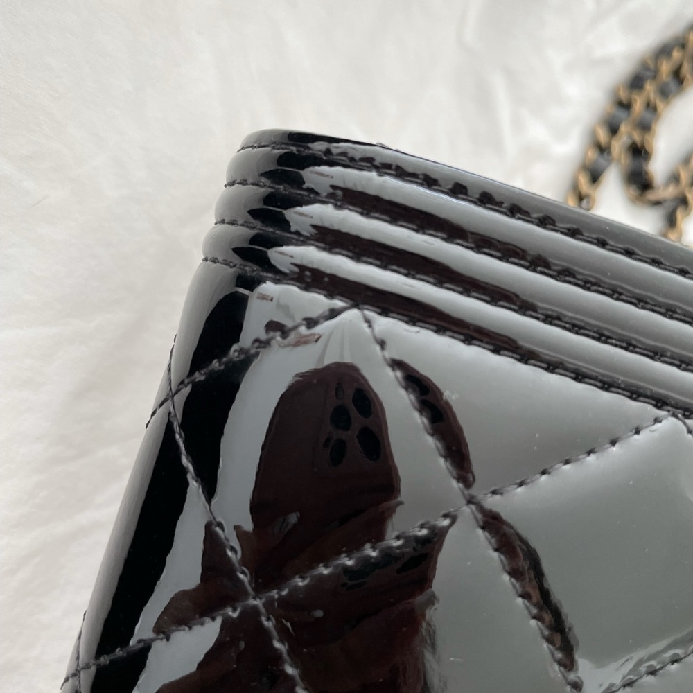 •SOLD to Fashionphile• CHANEL Patent Boy Wallet On Chain WOC Black - Picture 11 of 16